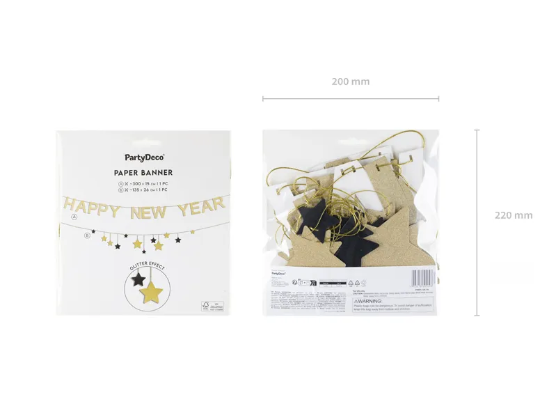 Baner Happy New Year z gwiazdkami 300 cm złoty 3