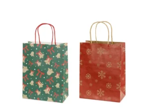 Torebki prezentowe Śnieżynki i dzwonki 19x25x10 cm czerwone i zielone